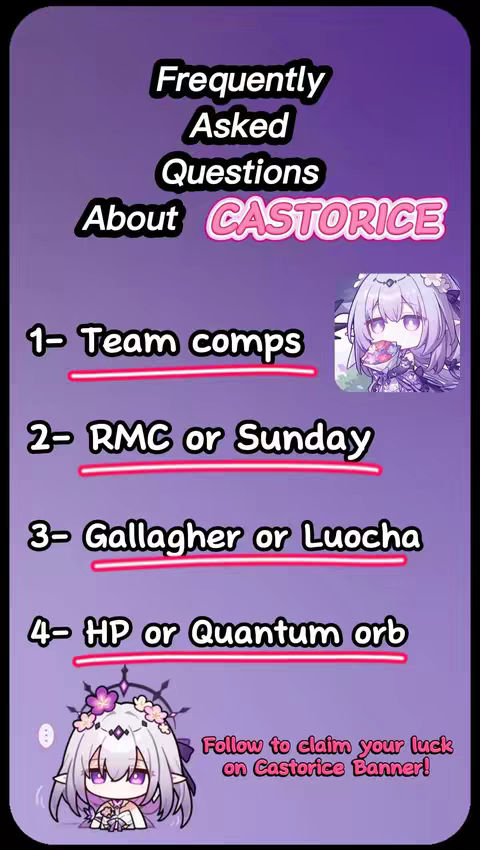 A vertical image on a purple gradient background. White text on the image includes a heading and a list of questions. There are also two anime-style character illustrations. The layout is a list, featuring questions about a character, possibly for a video game.