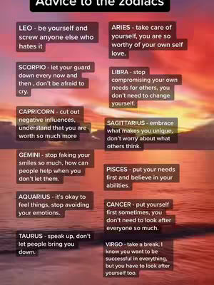 The cover features a gradient background transitioning from warm sunset hues to cooler tones at the bottom. A block of stylized text titled 'Advice to the Zodiacs' sits at the top, above a grid of text boxes each containing advice attributed to a different zodiac sign.