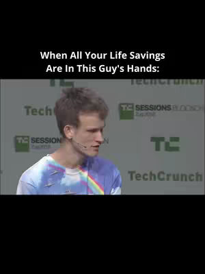 The cover image features a screenshot of a person addressing a crowd. Text overlayed on top says "When all your life savings are in this guy's hands:" The background includes logos and text associated with TechCrunch.