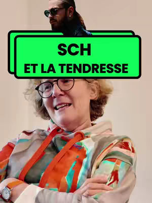 The image is a vertical composition featuring an older woman with glasses smiling at the camera. Above her is a man wearing sunglasses. A green rectangle with the words 'SCH' and 'ET LA TENDRESSE' is placed over them. The composition uses bright colors, particularly green, red, and orange, giving it a lively and humorous aesthetic.