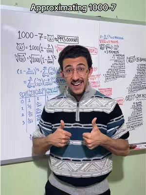 The cover image shows a man in glasses smiling and giving two thumbs up in front of a whiteboard filled with mathematical equations. The man is wearing a collared sweater with a blue, gray, and black pattern. The background is a whiteboard containing mathematical formulas in various colors, primarily red and blue. Above the man's head is the text: Approximating 1000-7.