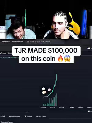 The cover image shows two men reacting with expressions of surprise and excitement. Above them, a white banner displays the text 'TJR MADE $100,000 on this coin' with fire and shocked face emojis. Below is a stock chart, the green line steeply going up. Overlaid at the bottom of the chart is a white dotted face.