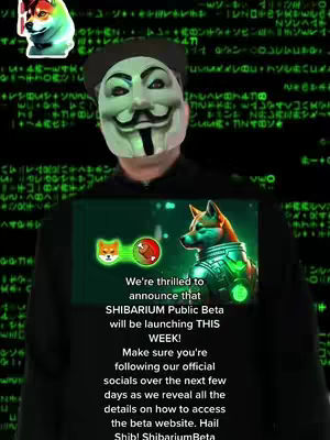 The cover image features a person wearing a Guy Fawkes mask against a dark background of moving green text reminiscent of the Matrix. In the center, an image is overlaid showing a Shiba Inu-like dog with futuristic armor alongside animated icons, and text promoting the launch of SHIBARIUM.