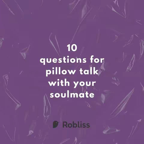 A purple background with a textured, crinkled plastic wrap effect. In the center, white text announces '10 questions for pillow talk with your soulmate'. Below that is a small logo of a bird and the word 'Robliss' in white. The layout is simple, with the text arranged vertically.