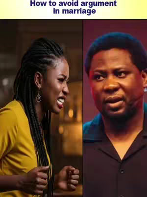 The cover image is a split screen with a vertical black line separating two scenes. On the left, a woman with dark braided hair and a yellow top is shown in distress. She is looking towards the left side with her mouth open and face contorted in a frustrated expression. On the right, a man with short black hair and a blue shirt is featured. He looks at the camera with a neutral expression. Above the two images, 'How to avoid arguments in marriage' is written.