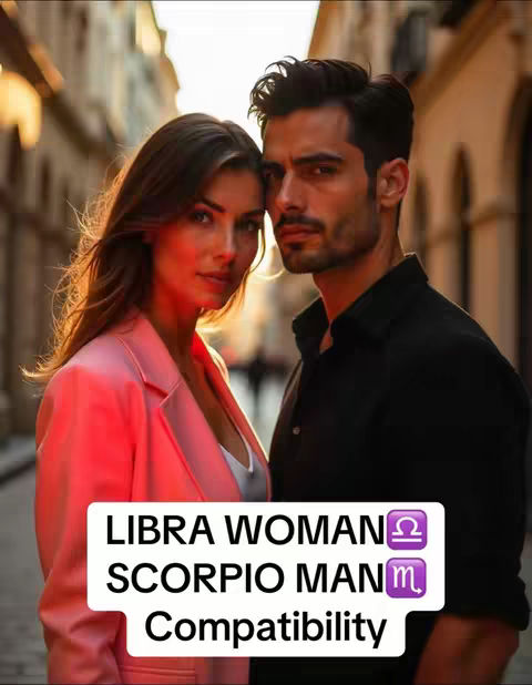 A romantic image featuring a man and a woman standing closely together on a city street. The woman, on the left, wears a bright pink blazer over a white top. The man, on the right, is dressed in a black shirt. They are facing each other, with a blurred city background. Text on image: "LIBRA WOMAN, SCORPIO MAN, Compatibility".