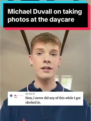 The cover image captures Michael Duvall, a young man with styled blonde hair and light makeup, looking directly at the camera. Above him is a turquoise banner with white text that reads "Michael Duvall on taking photos at the daycare". Under the man is a smaller white box with text showing a time stamp and a quote. The background is a neutral, light-colored wall, with vertical structures on top of the scene.