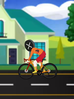 An animated image features a cyclist with the XRP symbol in place of a head. The cyclist, rendered in a cartoon style, is riding on a road with a house in the background. The colors are vibrant, and the composition suggests a theme of progress or competition.