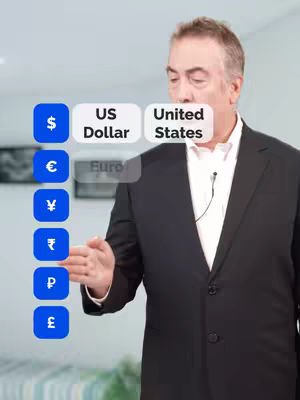 A man in a suit stands in front of a blurred background with currency symbols in blue boxes on the left and white text boxes highlighting currency names and countries. The man gestures toward the currency elements as if explaining them.