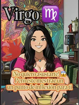 A vibrant, cartoon-style image featuring a woman with long, black hair and a pink top in a room. The image has a blend of purple, gold, and green tones. The text overlayed has the word "Virgo" at the top and a message in Spanish about the month of April at the bottom. There's a Virgo symbol and the overall composition is a visual representation of astrological content.