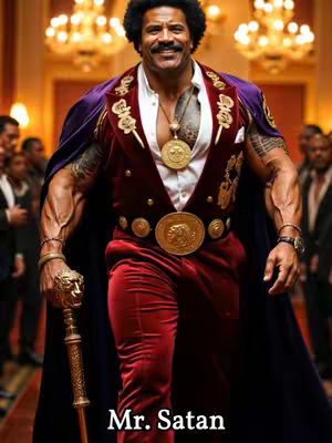 The image is a stylized portrait of a man dressed in an extravagant outfit reminiscent of a mafia boss. He has dark hair slicked back; a defined face with a slight smile, emphasizing his strong features. He wears a red velvet vest and pants, offset by a white collared shirt. Over his shoulders, he drapes a purple cape with gold trim. A large gold medallion hangs from his neck, with a belt of gold medallions around his waist. A gold-handled cane rests near him, and in the background, softly lit chandeliers and indistinct figures suggest a grand setting. The text overlay at the bottom reads 'Mr. Satan'.