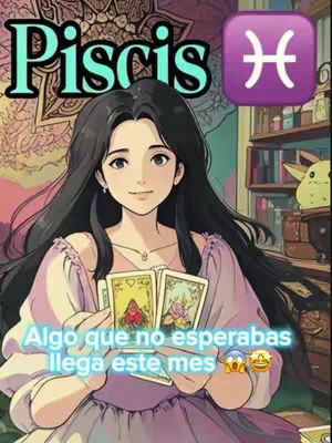 An animated image featuring a woman with long black hair, holding tarot cards, framed against a background with astrological and decorative elements. The text overlays read a Piscean horoscope.