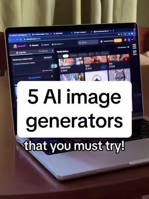 A laptop displaying a website, the screen is overlaid with a white box containing the text "5 AI image generators that you must try!" The laptop screen showcases a website interface.