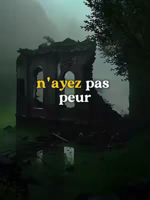An image depicts a dilapidated stone structure, possibly a building, set in a foggy, atmospheric environment. The building is partially ruined, with missing sections of walls and open archways. The setting appears dark and overcast. In the foreground, the ground is slightly wet or reflective. The text overlayed on the image reads 'n'ayez pas peur'.