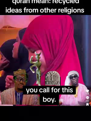 The image is a collage featuring several individuals and elements. In the foreground, a man wearing glasses and what appears to be a religious headwear on the left; on the right side of the man, there is a man with glasses an white head wear. Behind them, a woman with a long red hijab stands. A statue of a figure with horns as well as another image similar to stone tablet are also included. Overlaid at the bottom is a hook text on black background.
