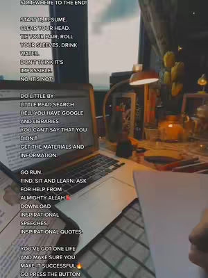 A dimly lit scene of a desk with a laptop, papers, and a desk lamp. Text is overlaid on the image in a vertical list form.