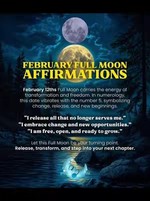 A dark and mystical image showcasing a Full Moon scene. Two moons are positioned at the top, with the lower, larger moon highlighted. Beneath it, a reflective body of water mirrors the night sky. The scene includes trees silhouetted against the evening sky. Texts describing the full moon and affirmations are shown.