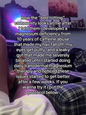 The cover image is a selfie taken from a low angle, showing a person lying in bed. The person is in the foreground, with a portion of their chest and shoulders visible, wearing a white garment. The background includes a television screen lit with a kaleidoscope of colors, and a portion of a bookshelf. Text is overlaid on the image in a white font, describing a personal health journey related to magnesium deficiency. The overall composition suggests a casual, personal narrative with a possible health focus.