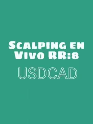 The cover image features a teal background with bold white text. The text elements include 'SCALPING EN VIVO RR:8' stacked at the top and 'USDCAD' at the bottom.
