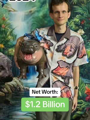 The cover image features Vitalik Buterin, the founder of Ethereum, holding a toy hippo. He stands in front of a tropical background. Text overlays indicate his net worth.
