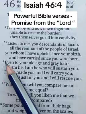 The image shows a close-up of a Bible with a pencil pointing at a verse. A text box overlay with 'Powerful Bible verses - Promise from the "Lord"' appears at the top.