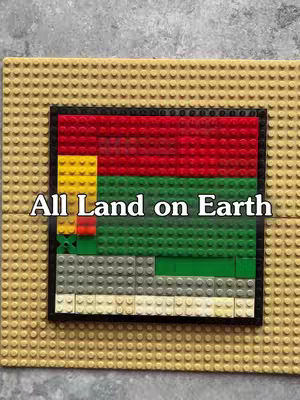 The image shows a close-up view of a Lego baseplate, surrounded by beige Lego bricks. Centered within a black border are Lego bricks of various colors: red, yellow, green, gray, and white bricks. The text overlay reads 'All Land on Earth'.