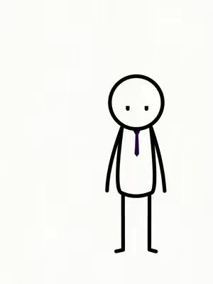 A minimalistic animated image against a white backdrop. It features a stick figure with a circular head, two dots representing eyes, straight lines depicting arms and legs, and a small purple tie. The figure is centered and standing, suggestive of a business or formal attire.