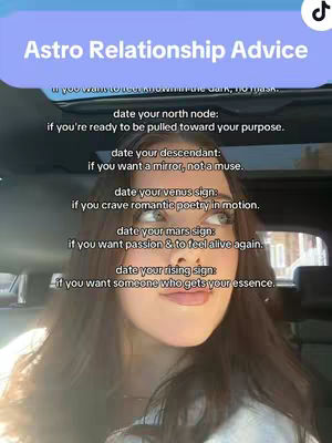 A selfie-style video cover image featuring a young woman with long, dark hair in a car, with overlayed text listing relationship advice options based on astrological aspects like the North Node and Venus Sign. The background is blurred, suggesting a focus on the presenter and text.