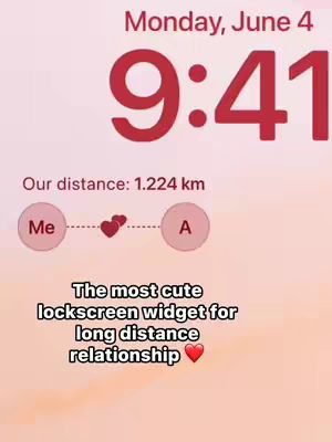 A phone lock screen displaying the date, time, and a distance measurement between two points, labeled "Me" and "A", with a heart icon in between. A text overlay promoting a lockscreen widget is displayed below the lockscreen elements on a light pink background.