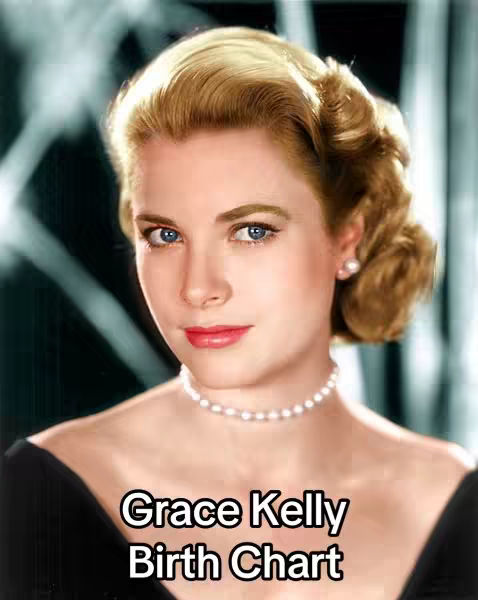 A portrait of Grace Kelly, a blonde woman with blue eyes and red lips, against a soft blurred background. A text overlay at the bottom reads 'Grace Kelly Birth Chart'.