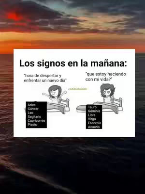 An illustration depicting two cartoon figures in bed, each next to a list of zodiac signs. The background shows a sunset or sunrise with orange and yellow hues.