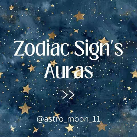 A digital artwork on a dark blue background dotted with numerous small, shimmering gold and white specks, resembling a starry night sky. Scattered throughout, are golden, five-pointed stars of varying sizes. Overlaying this cosmic backdrop is white text that reads 'Zodiac Sign's Auras' in a bold, casual font. A pair of white arrows point to the right below the text. At the bottom, the username '@astro_moon_11' is displayed in a small, white, sans-serif font.