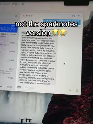The cover image shows a computer screen displaying a text conversation with a message bubble in white text on display. The text is overlayed on a background which seems to be a waterfall scene with three small human figures silhouetted. The screen overlay is slightly out of focus.