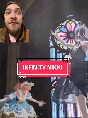 The cover image shows a video overlay with a man in the upper left corner reacting to the app content, which shows scenes from a game with two characters, as well as a 'INFINITY NIKKI' title. The man has a beard and is wearing a brown jacket over a burgundy shirt. The game scenes depict a stylized character as well as a character from the dress up game. The background has a stained-glass window motif. The title is in a red box.