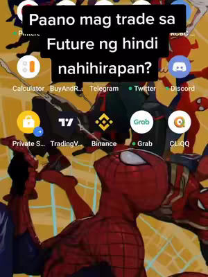 A smartphone screen displays a vibrant wallpaper featuring a Spider-Man-themed illustration. Overlaid on the screen are various app icons, including those for calculator, Telegram, Twitter, and Binance. A black rectangular text box in the upper area features white text in a sans-serif font against the background.