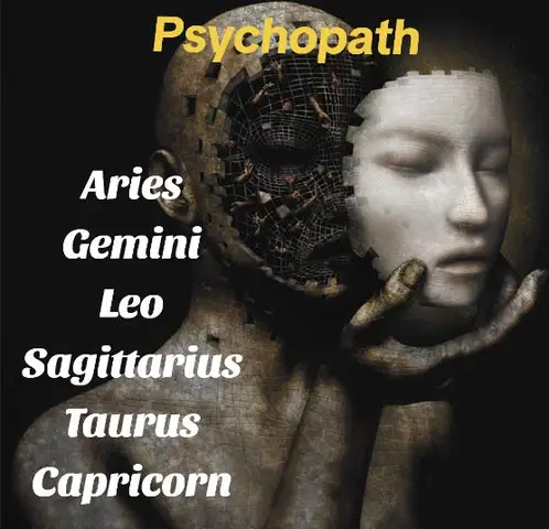 The image is a composite featuring a figure with a partially disassembled face, revealing a metallic, web-like structure beneath. A detached face rests in its hand, and a list of zodiac signs is stacked vertically on the left. The background is a dark gradient, and a yellow, bold text overlay reads "Psychopath".