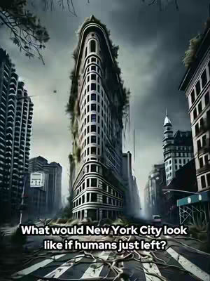 An image depicting a post-apocalyptic cityscape. The Flatiron Building stands tall in the center, overgrown with vegetation, suggesting nature's reclamation of the urban landscape. Other buildings line the streets, also showing signs of decay. The sky is overcast, and the overall tone is dark and somber. The focus is on the question: What would New York City look like if humans vanished?