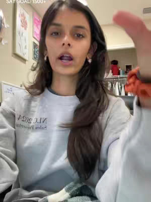 A woman with long, dark hair is looking directly at the camera with a focused expression. She is wearing a light gray sweatshirt. Behind her are paintings and a closet.