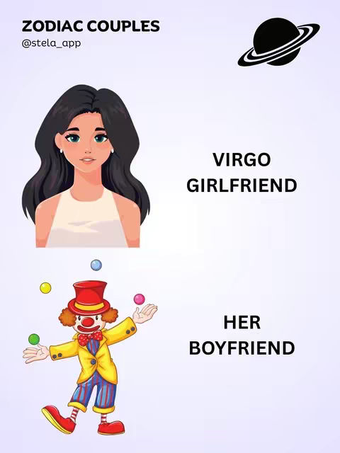 An image presenting a relationship-themed concept. A cartoon woman with black hair, light skin, and blue eyes is on the left with the text "Virgo Girlfriend", and on the right is a cartoon clown juggling balls with the text "Her Boyfriend". The background is white to light purple.