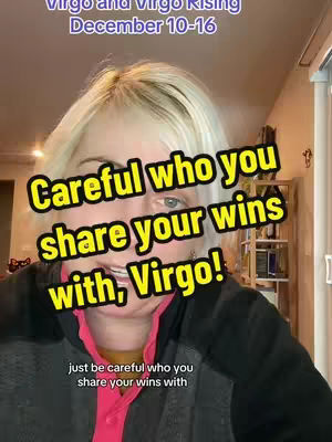 A blonde woman with blue eyes smiles at the camera, with text overlays. The background is a room with warm lighting.