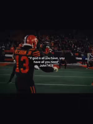 A football game is shown with a player in a Cleveland Browns uniform. Overlay text provides a bible quote.