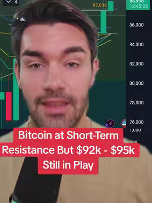 A man with dark hair and a beard is centered in the frame, speaking. Behind him, a chart displaying cryptocurrency data is visible. The foreground features a bright red bar with a text hook advertising the video’s topic. The overall composition is a mix of informational and visual elements, likely to engage viewers.