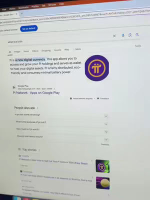 A screenshot of a Google search result on a computer screen, showing information about Pi coin. The screen is slightly tilted. The Google search result displays text about Pi coin, its wallet functionality, and eco-friendliness, along with Google Play store download link. The Pi Network logo, a purple circle with a stylized 'π' symbol, is prominently featured