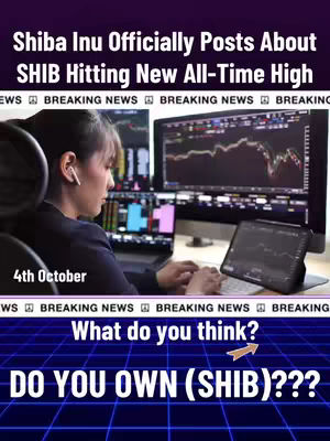The image is a promotional graphic featuring a woman working on a computer with financial charts displayed on the monitor and a laptop at the desk. The text overlay conveys information about Shiba Inu hitting a new all-time high. Dominant colors are gradients of purple and blue. It has a breaking news banner with a modern layout, with a question "DO YOU OWN (SHIB)???"