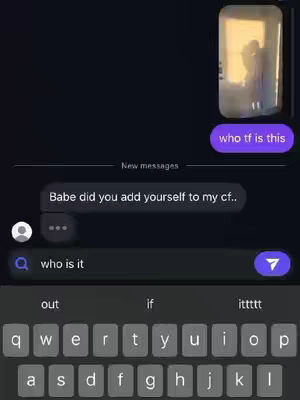 The image is a screenshot of a phone's messaging app with a dark theme. The main text reveals messages in a conversation between two parties which discuss potentially cheating partners. A small video is present in the top right of the screen, where two figures are silhouetted in front of a window, they are presumed to be the focus of the conversation. The user types a question into the text field above the keyboard and a keyboard is present at the bottom of the screen.