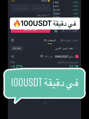 The cover image shows a screenshot of a trading platform with Arabic text overlaid. The main element is a speech bubble containing the Arabic phrase "في دقيقة 100USD" in white text and a flame emoji. On the lower section, there is a similar speech bubble with the amount and text in white. The overall visual style is simple and functional. The background has a dark theme with various financial figures.