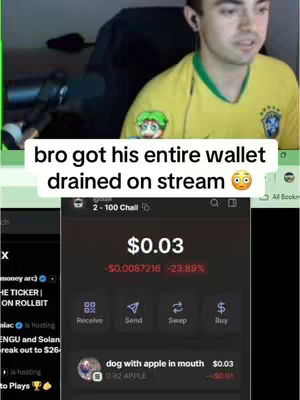 The cover image shows a streamer reacting to a financial loss displayed on his screen. The streamer, a light-skinned man with short brown hair, is wearing a yellow Brazil soccer jersey and is expressing concern. The background is a blurred gaming setup. On the bottom of the image is a screen showing a crypto wallet with diminishing balance, highlighting the cause of the streamer's distress.