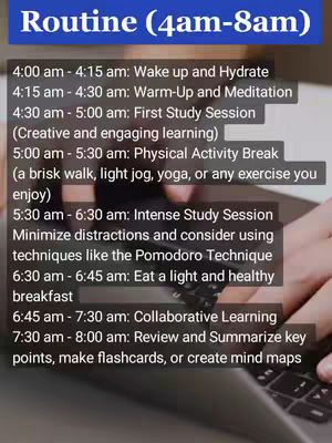 The cover image is a vertical graphic showcasing a daily routine from 4am to 8am. It lists specific activities such as wake up and hydrate, warm-up, study sessions, physical activity, and breakfast, suggesting a structured approach to the morning. The background seems to show a person typing on a laptop.