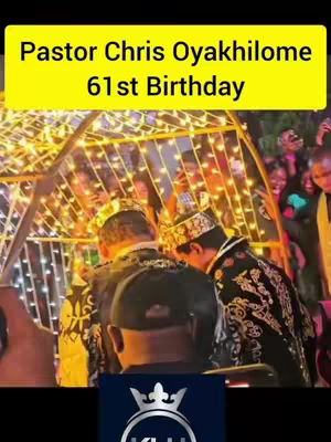 The cover image features a group of people gathered in an outdoor setting, illuminated by string lights. The focus is on several individuals, including a man in a gold embellished hat and jacket at the center, presumably Pastor Chris Oyakhilome, celebrating his birthday. A yellow rectangular text overlay reads 'Pastor Chris Oyakhilome 61st Birthday.' The scene is festive with a crowd in the background, and a logo is placed at the bottom.