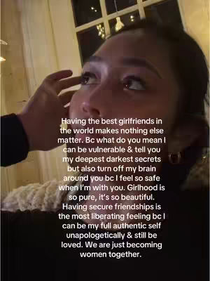 A close-up shot of a woman looking upwards, with a hand gently touching her face. Text in a casual font overlays the image, and soft lighting suggests an indoor setting.